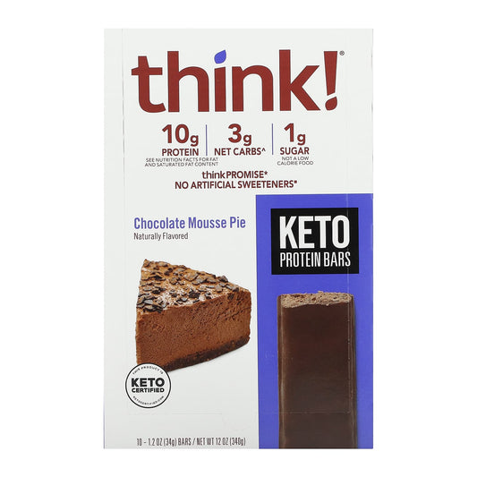Think !, Keto Protein Bars, Chocolate Mousse Pie, 10 Bars, 1.2 oz (34 g) Each - Image 1