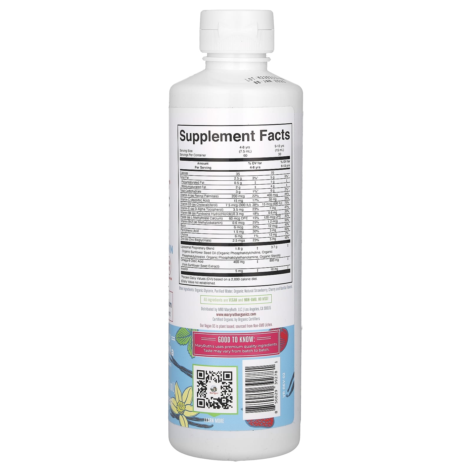 MaryRuth's, Organic Kids Multivitamin Liposomal, Ages 4-13 Years, Strawberry Cherry Vanilla, 15.22 fl oz (450 ml) - Image 2