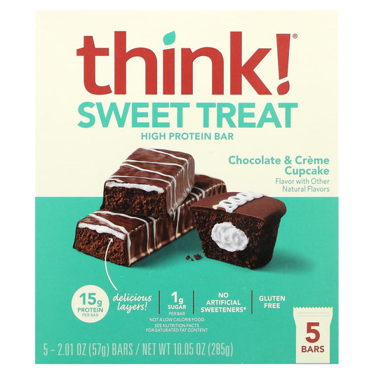 Think !, Sweet Treat, High Protein Bar, Chocolate & Creme Cupcake, 5 Bars, 2.01 oz (57 g) - Image 1