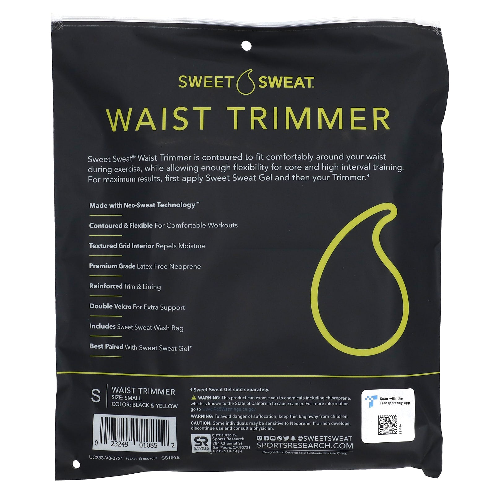 Sports Research, Sweet Sweat®, Waist Trimmer, Small, Black & Yellow, 1 Belt - Image 2