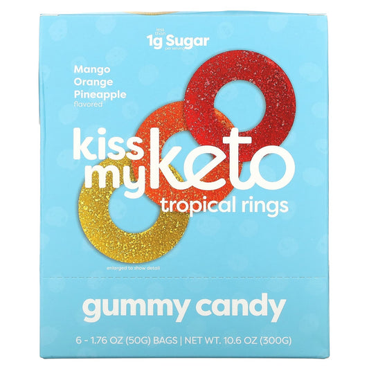 Kiss My Keto, Gummy Candy, Tropical Rings, Mango Orange Pineapple, 6 Bags, 1.76 oz (50 g ) Each - Image 1