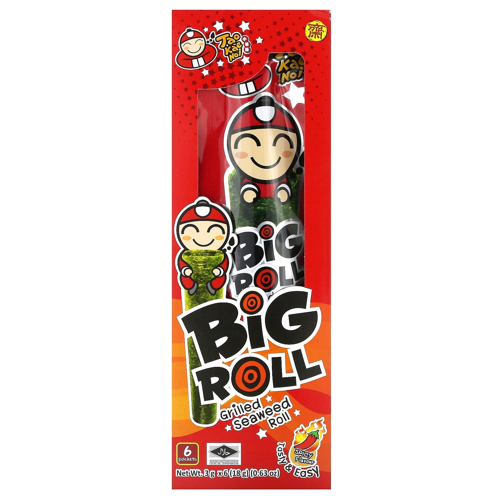 Tao Kae Noi, Big Roll, Grilled Seaweed Roll, Spicy, 6 Packets,  0.11 oz (3 g) Each - Image 1
