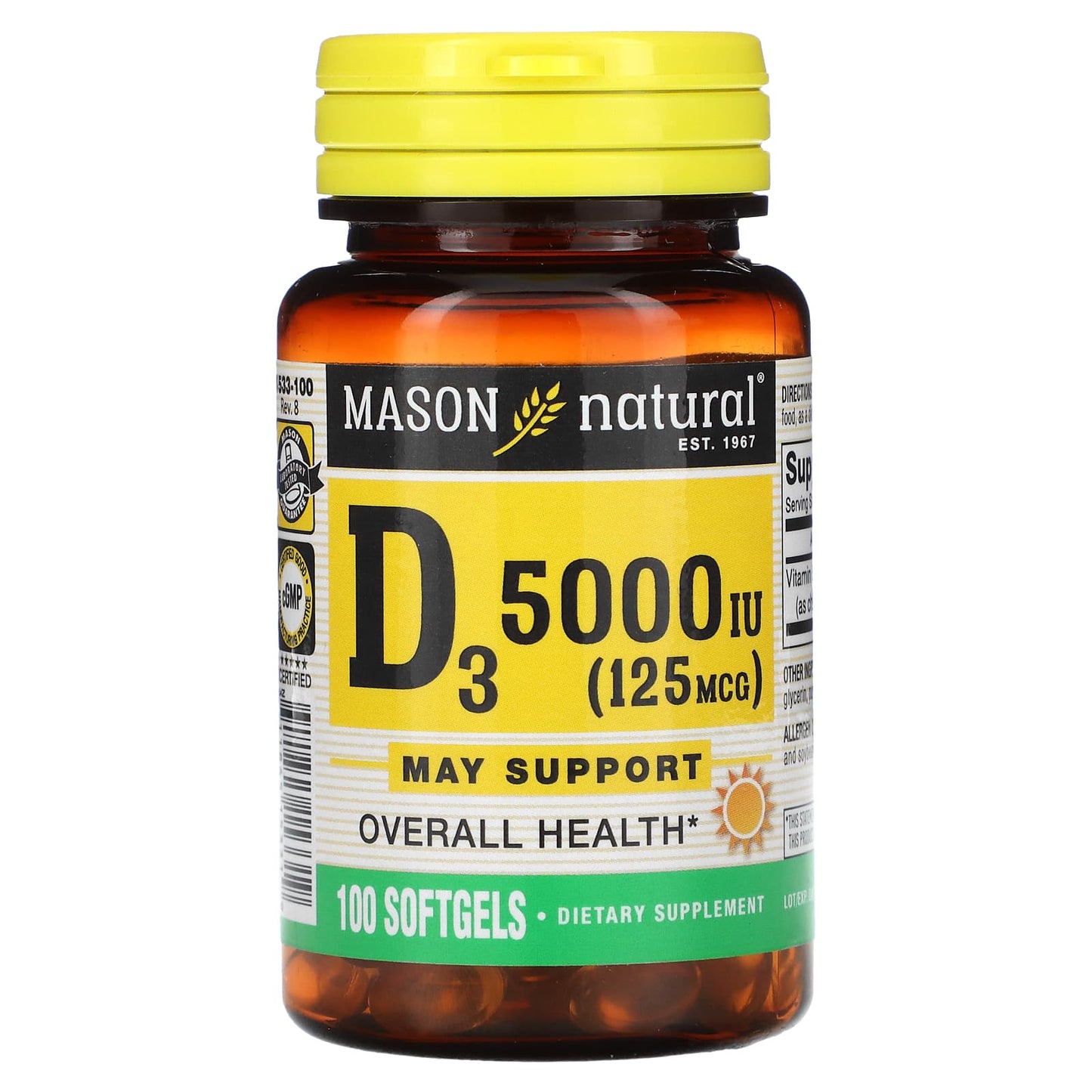 Mason Natural, Vitamin D3, 125 mcg (5000 IU), 100 Softgels - Image 1