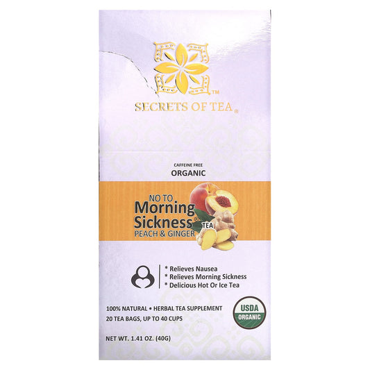 Secrets of Tea, Organic No To Morning Sickness Tea, Caffeine Free, Peach & Ginger, 20 Tea Bags, 1.41 oz (40 g) - Image 1