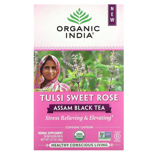Organic India, Assam Black Tea, Tulsi Sweet Rose, 18 Infusion Bags, 1.27 oz (36 g) - Image 1