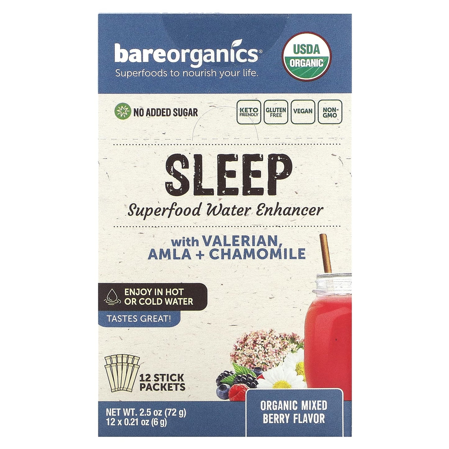 Sleep Better with BareOrganics Organic Mixed Berry Superfood Water Enhancer - Image 1