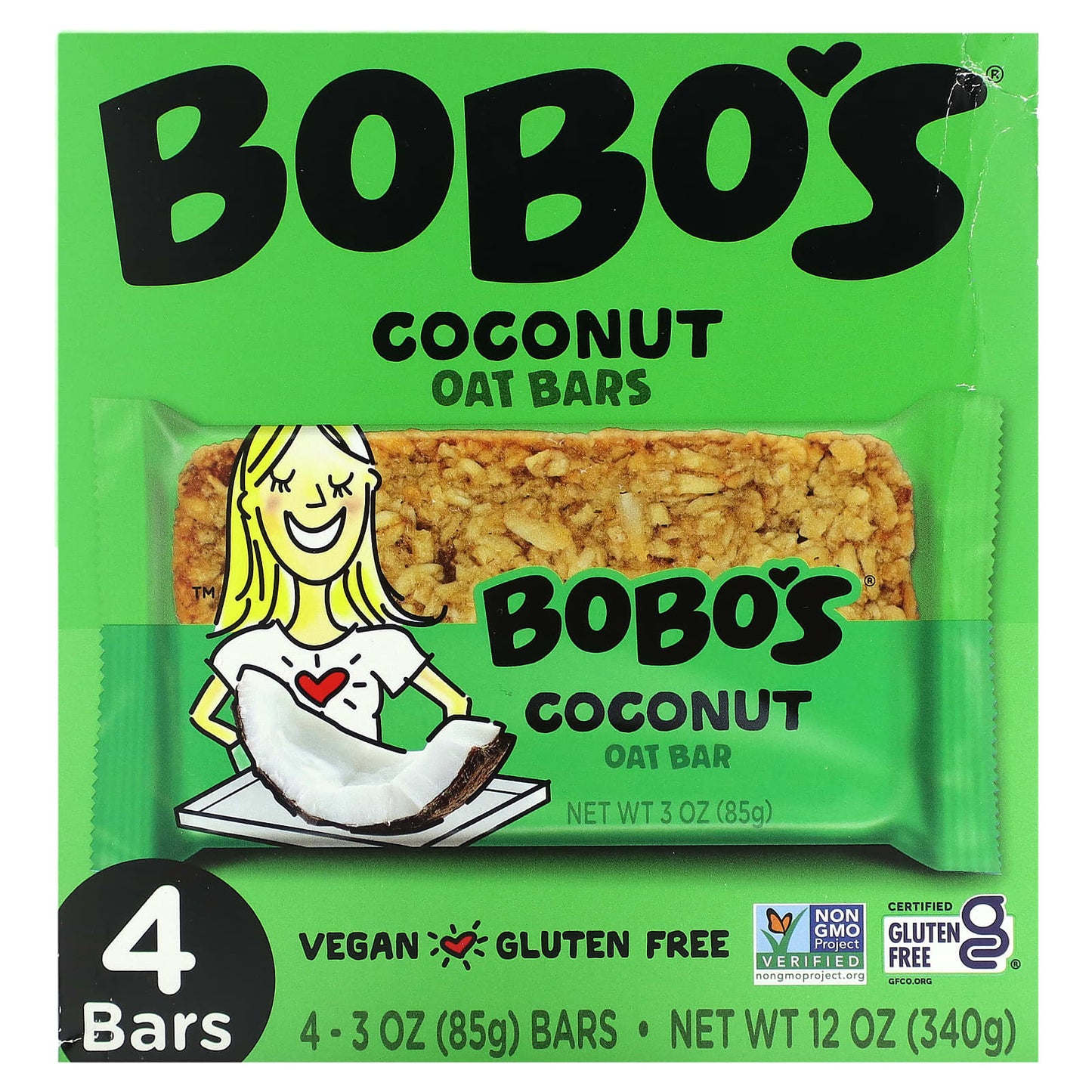 Bobo's Coconut Oat Bars, Vegan, Gluten-Free, 4 Bars, 3 oz Each - Image 1