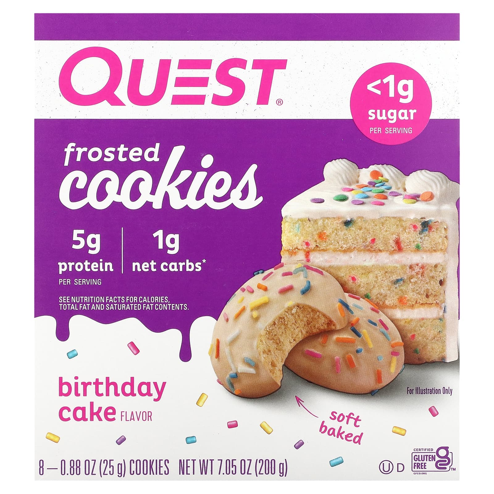 Quest Nutrition, Frosted Cookies, Birthday Cake, 8 Cookies, 0.88 oz (25 g) Each - Image 1