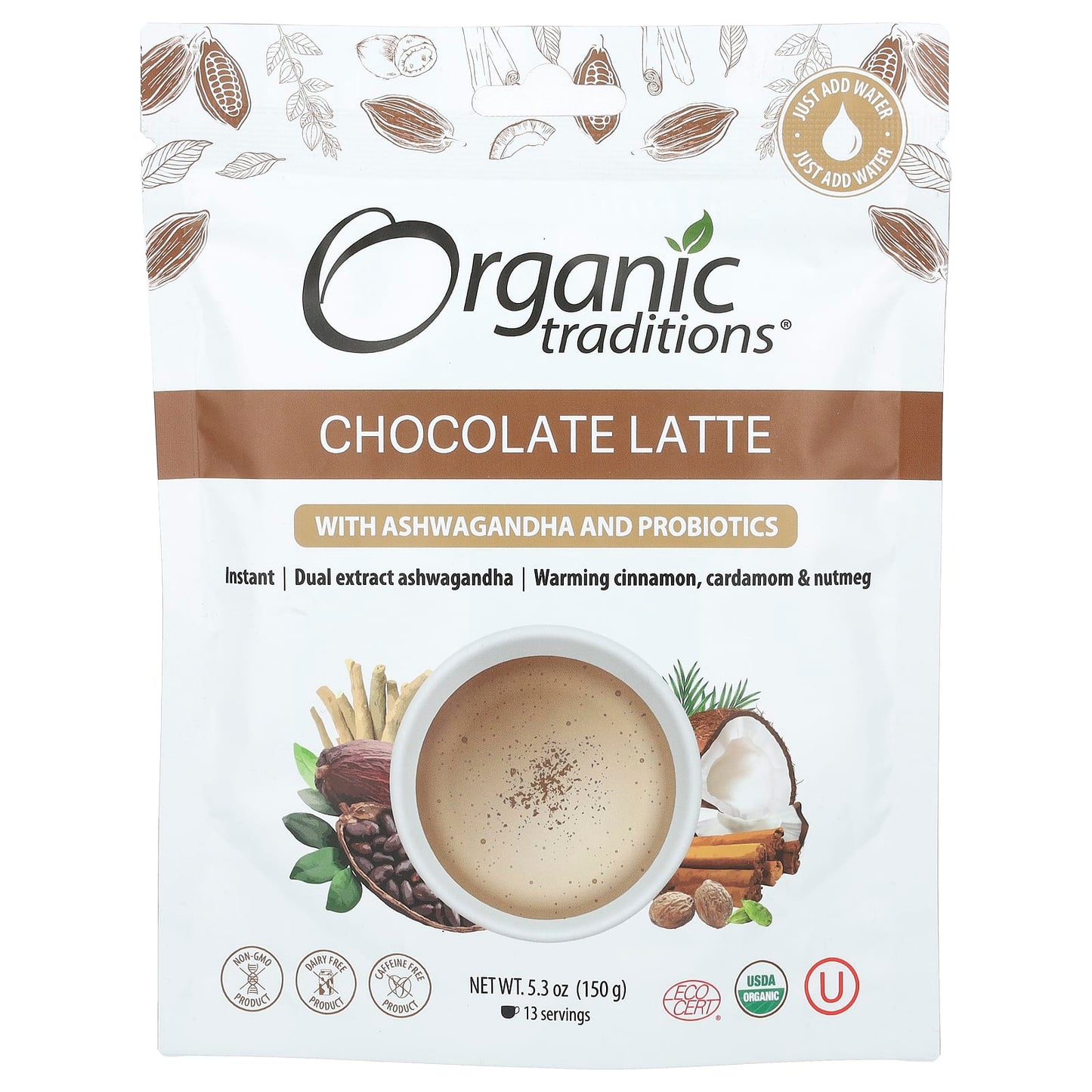 Organic Traditions, Chocolate Latte with Ashwagandha and Probiotics, 5.3 oz (150 g) - Image 1