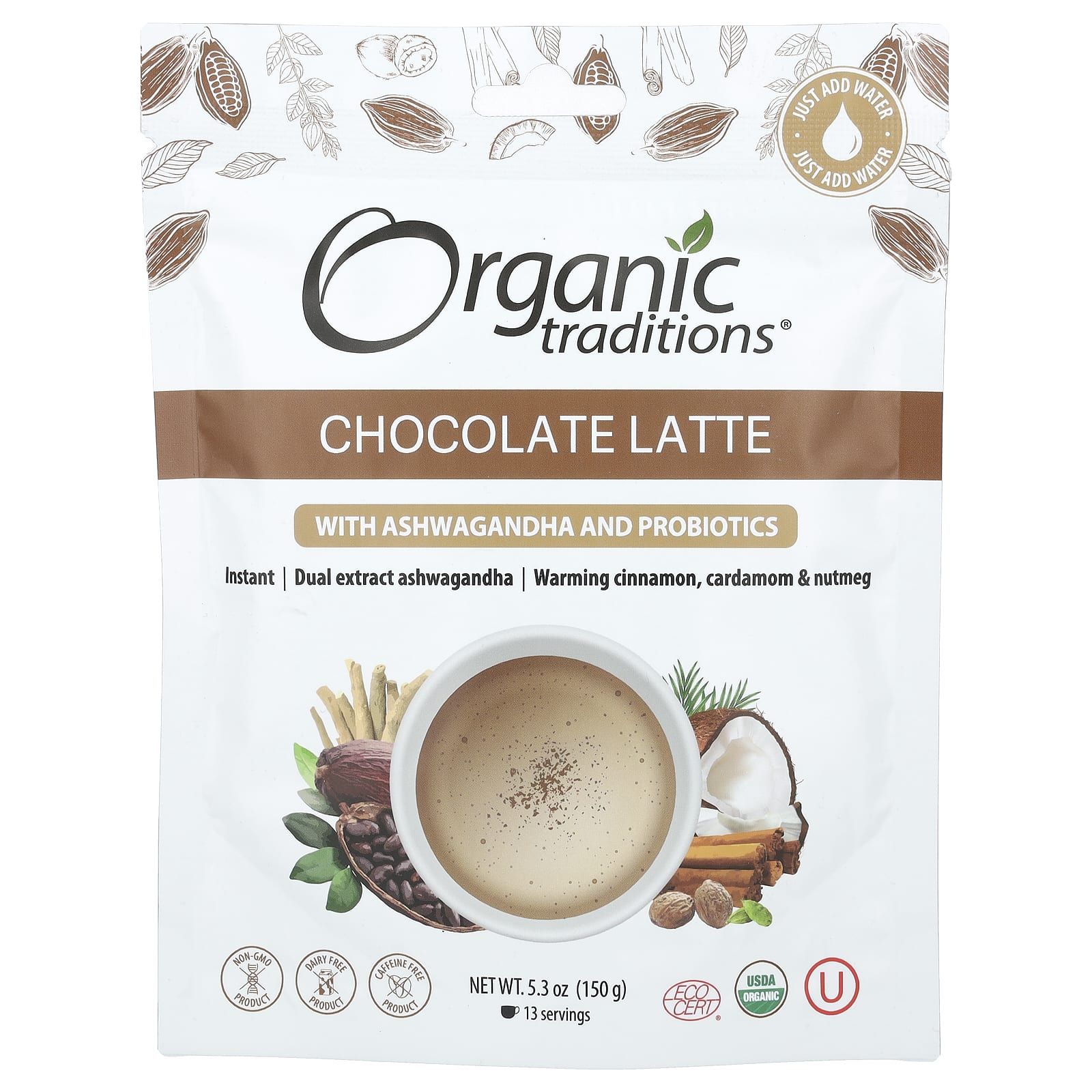 Organic Traditions, Chocolate Latte with Ashwagandha and Probiotics, 5.3 oz (150 g) - Image 1