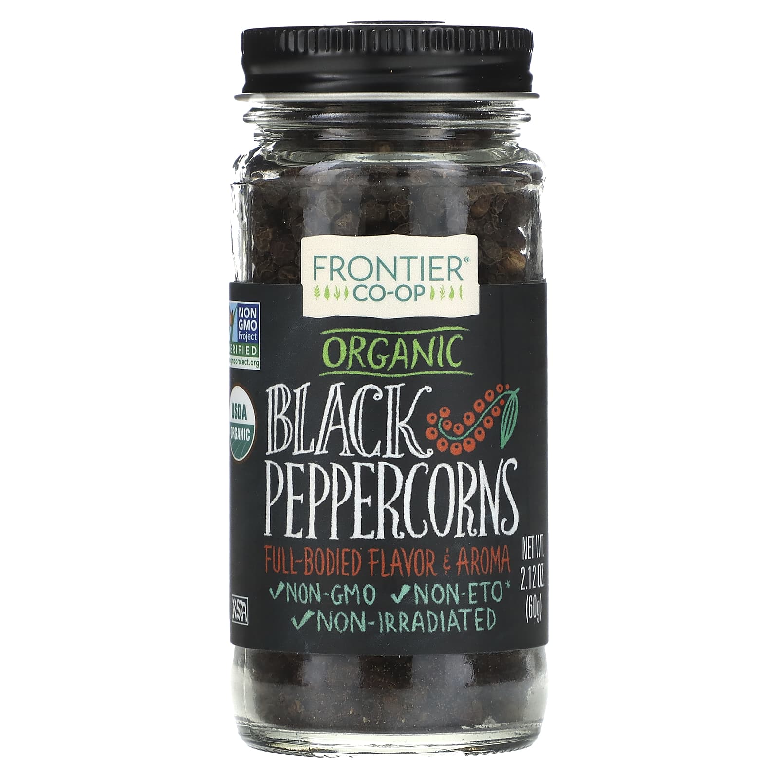 Organic Black Peppercorns by Frontier Co-op, 2.12 oz (60g) - Non-GMO, USDA Organic - Image 1