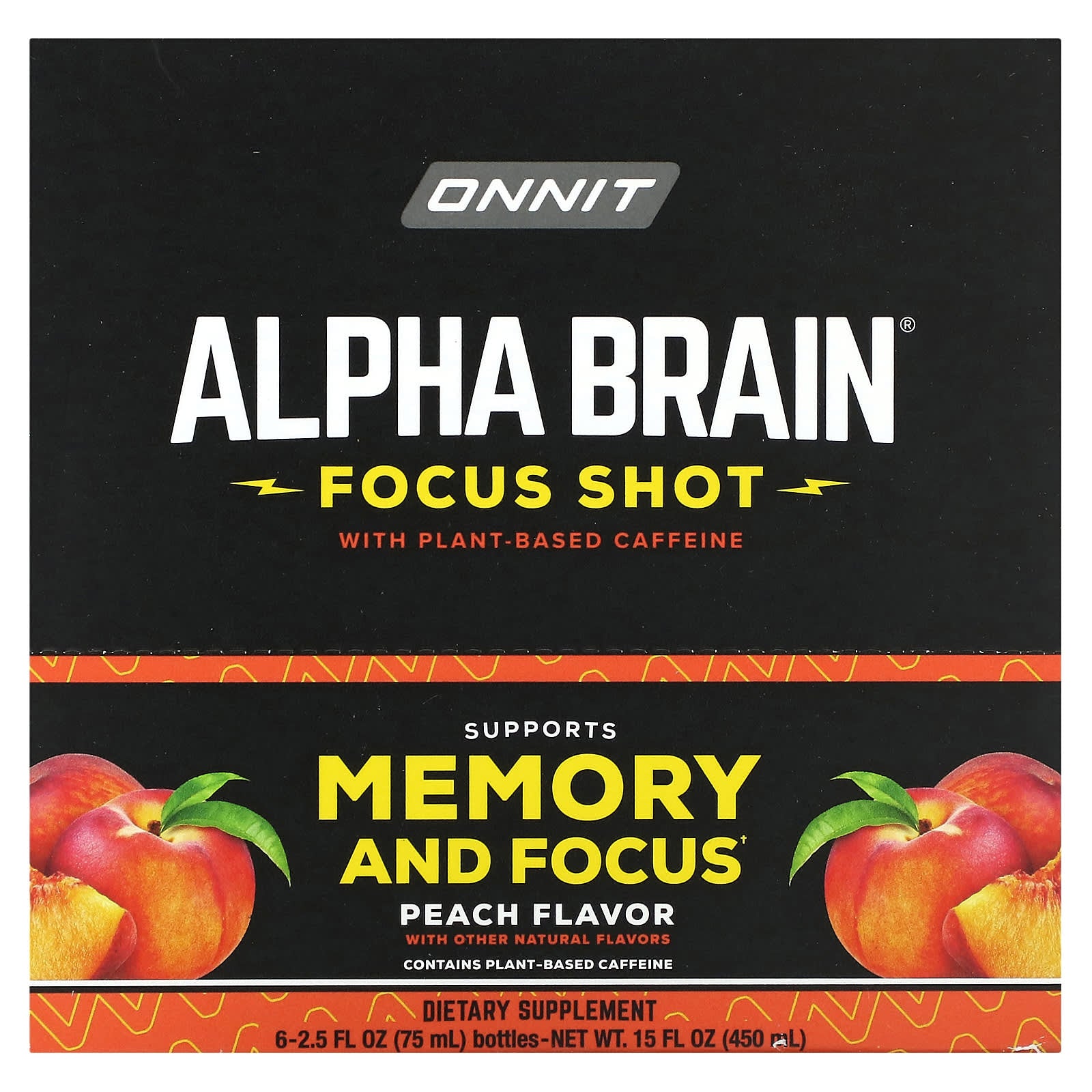 Onnit, Alpha Brain Focus Shot, Peach, 6 Bottles, 2.5 fl oz (75 ml) Each - Image 1