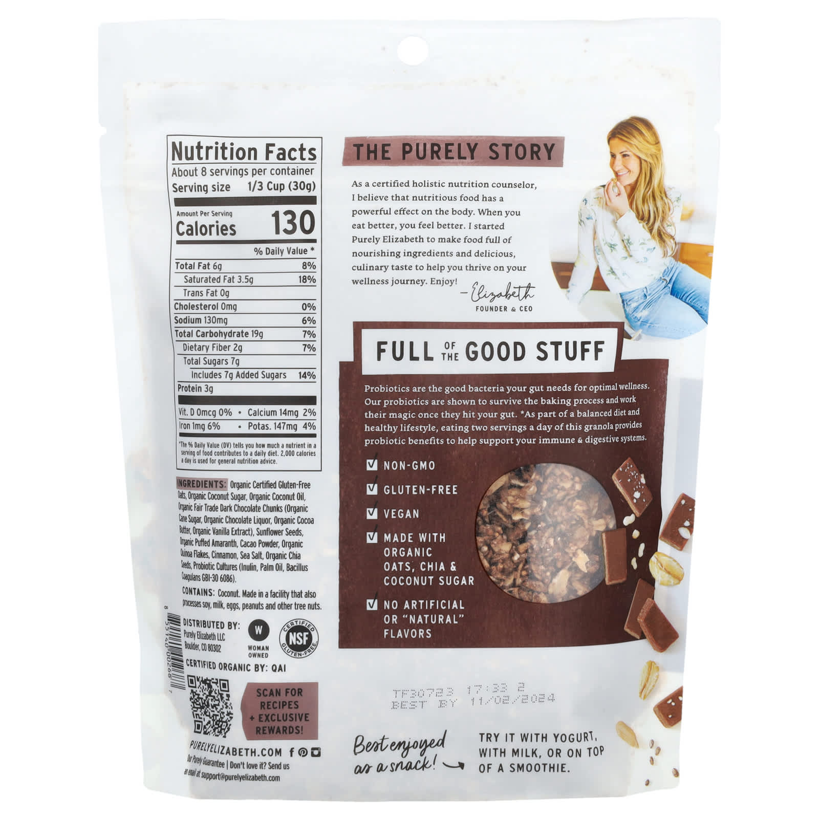 Purely Elizabeth, Ancient Grain Granola with Probiotics. Chocolate Sea Salt with Cocoa Clusters, 8 oz (227 g) - Image 2