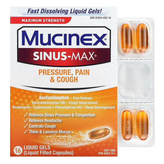Mucinex, Sinus-Max, Pressure, Pain & Cough, Maximum Strength, For Ages 12+, 16 Liquid Gels - Image 1