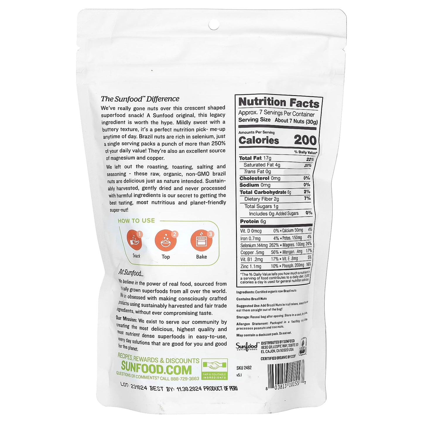 Sunfood, Raw Organic Brazil Nuts, 8 oz (227 g) - Image 2