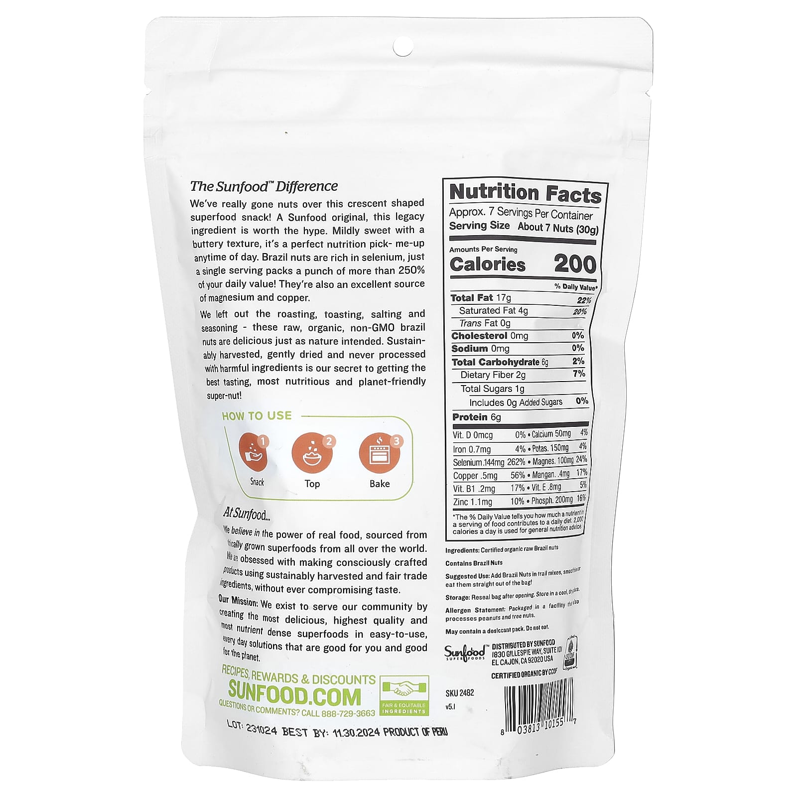 Sunfood, Raw Organic Brazil Nuts, 8 oz (227 g) - Image 2