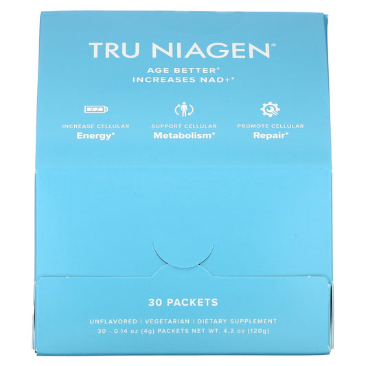 Tru Niagen, Increases NAD+, Nicotinamide Riboside, Unflavored, 30 Packets, 0.14 oz (4 g) Each - Image 1