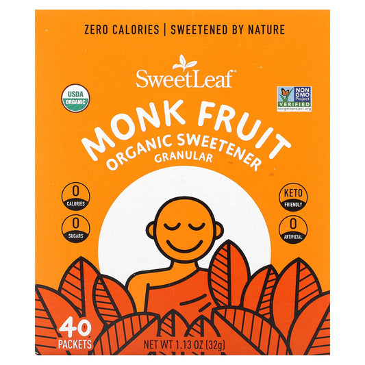 SweetLeaf Stevia, Monk Fruit Organic Sweetener Granular, 40 Packets, 0.28 oz (0.8 g) Each - Image 1