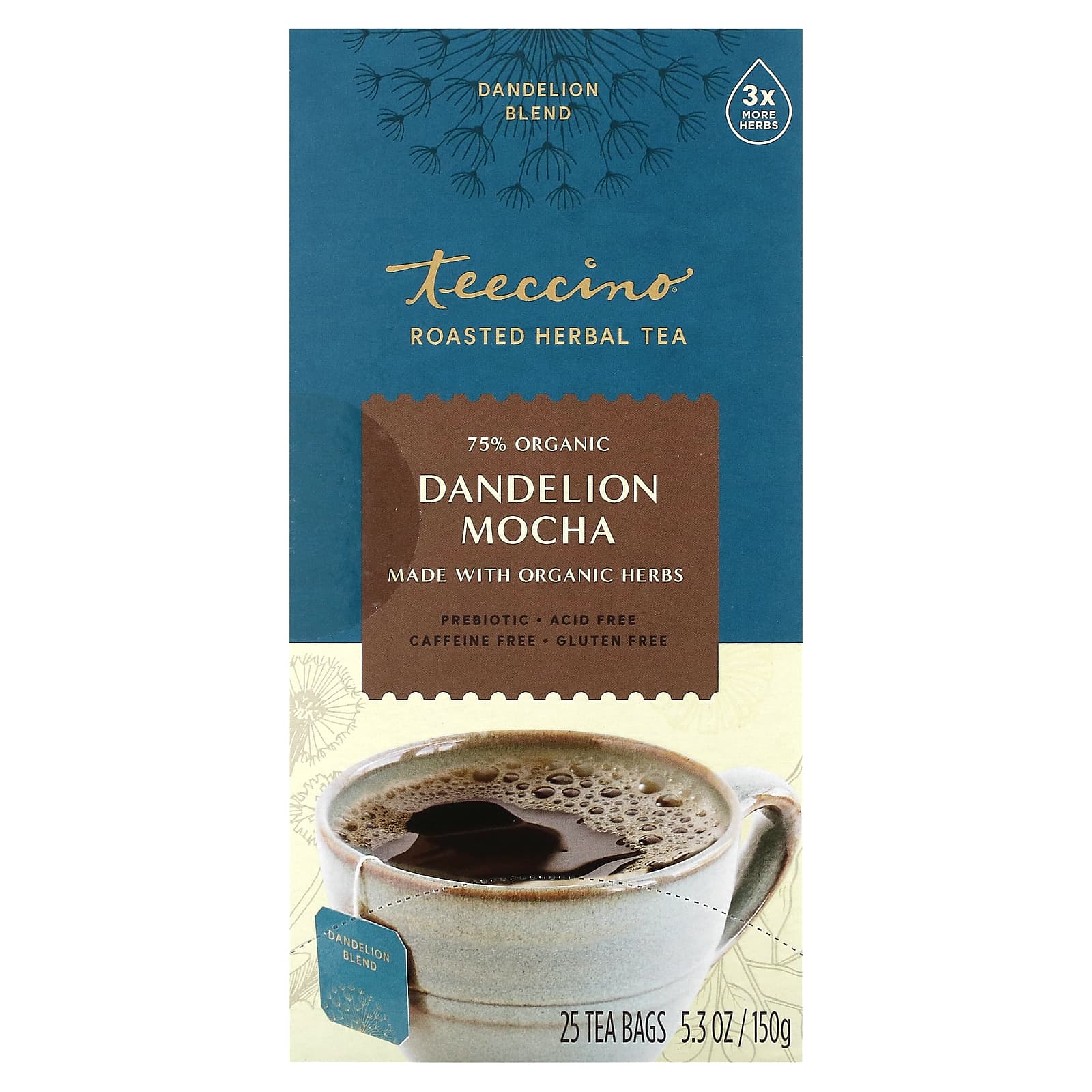 Teeccino, Roasted Herbal Tea, Dandelion Mocha, Caffeine Free, 25 Tea Bags, 5.3 oz (150 g) - Image 1