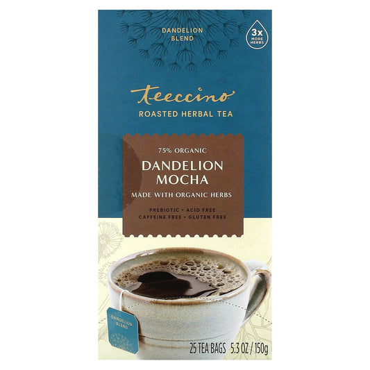 Teeccino, Roasted Herbal Tea, Dandelion Mocha, Caffeine Free, 25 Tea Bags, 5.3 oz (150 g) - Image 1