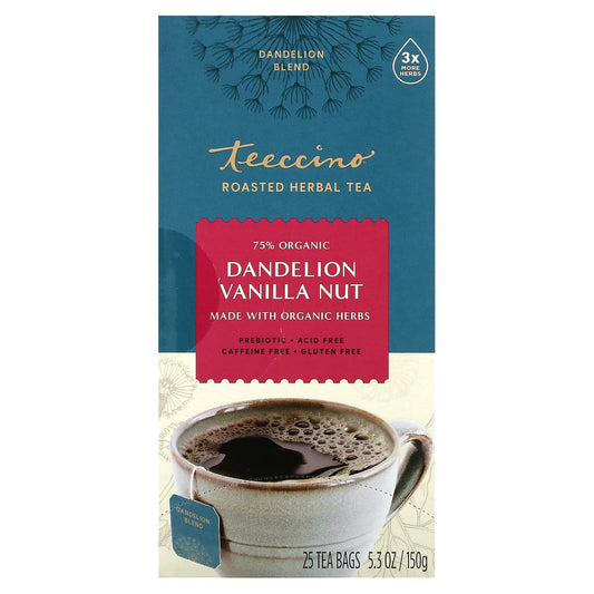 Teeccino, Roasted Herbal Tea, Dandelion Vanilla Nut, Caffeine Free, 25 Tea Bags, 5.3 oz (150 g) - Image 1