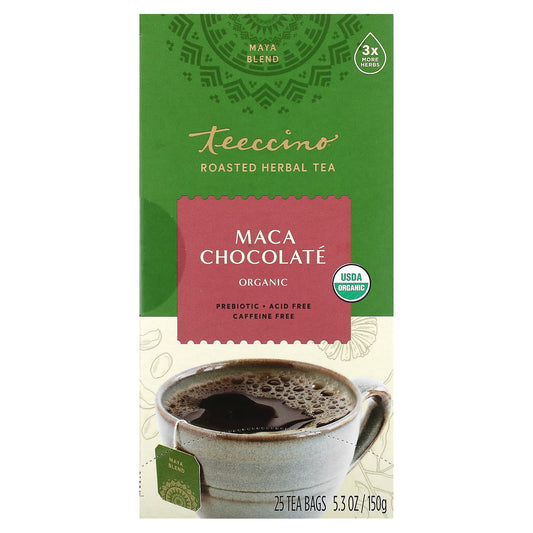 Teeccino, Organic Roasted Herbal Tea, Maca Chocolate, Caffeine Free, 25 Tea Bags, 5.3 oz (150 g) - Image 1