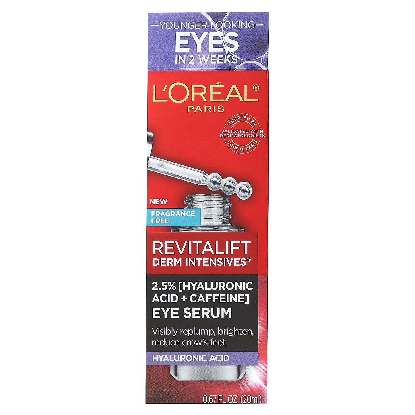 L'Oréal, Revitalift Derm Intensives, 2.5 % [Hyaluronic Acid + Caffeine] Eye Serum, Fragrance Free, 0.67 fl oz (20 ml) - Image 2