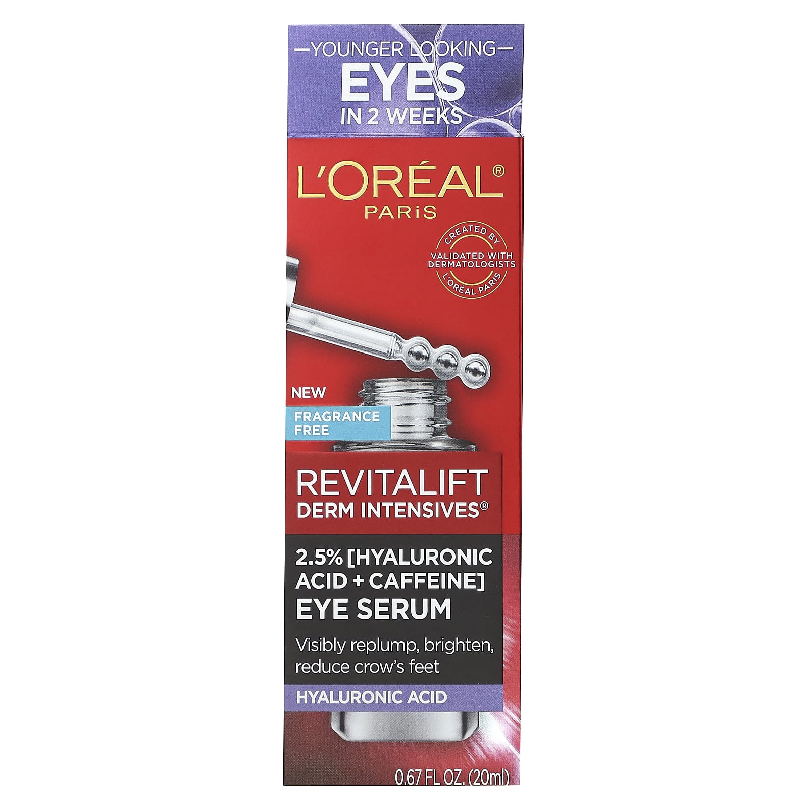 L'Oréal, Revitalift Derm Intensives, 2.5 % [Hyaluronic Acid + Caffeine] Eye Serum, Fragrance Free, 0.67 fl oz (20 ml) - Image 2