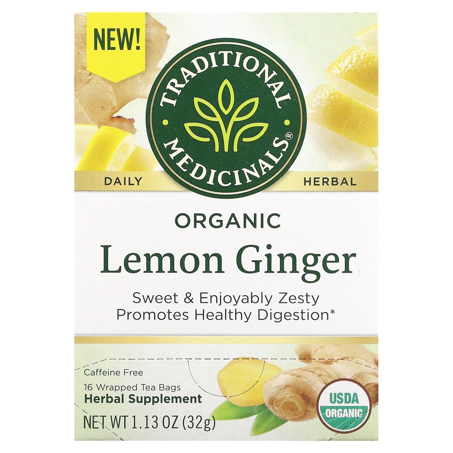 Traditional Medicinals, Herbal Teas, Organic Lemon Ginger, Caffeine Free, 16 Wrapped Tea Bags, 1.13 oz (32 g) - Image 1