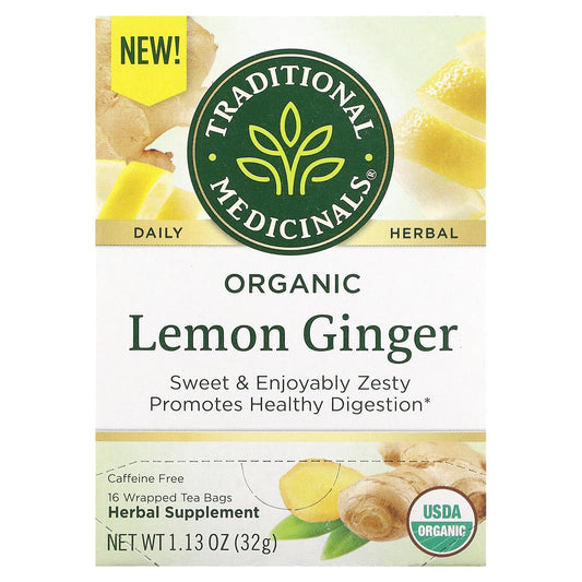 Traditional Medicinals, Herbal Teas, Organic Lemon Ginger, Caffeine Free, 16 Wrapped Tea Bags, 1.13 oz (32 g) - Image 1