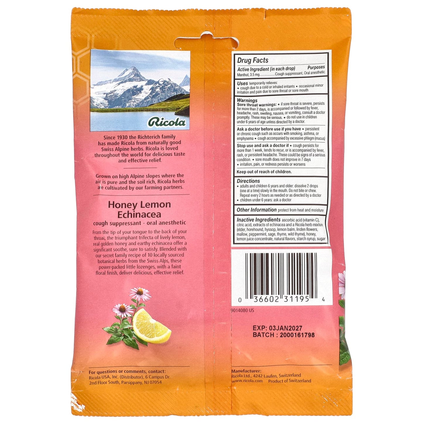 Ricola, Oral Anesthetic, Honey Lemon Echinacea , 19 Wrapped Drops - Image 2