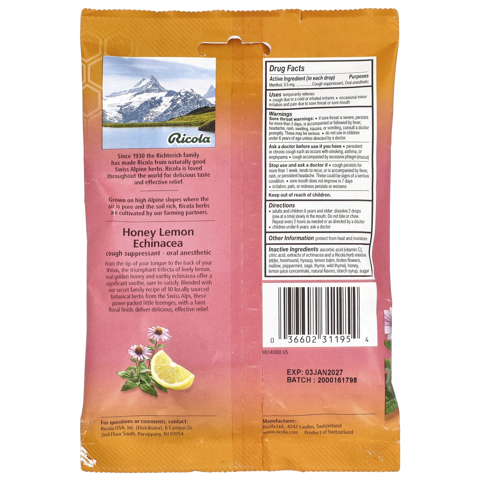 Ricola, Oral Anesthetic, Honey Lemon Echinacea , 19 Wrapped Drops - Image 2