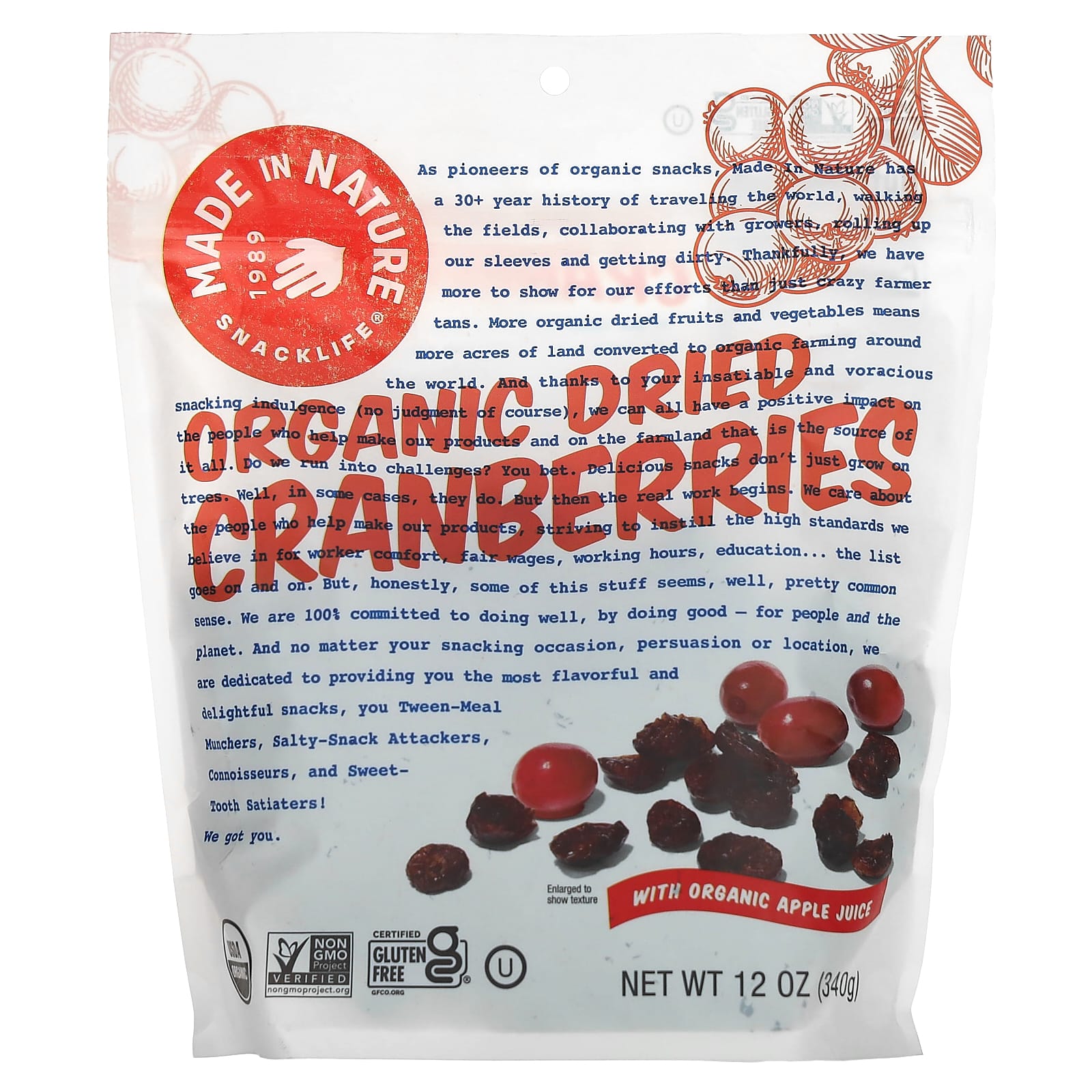 Made in Nature, Organic Dried Cranberries with Organic Apple Juice, 12 oz (340 g) - Image 1