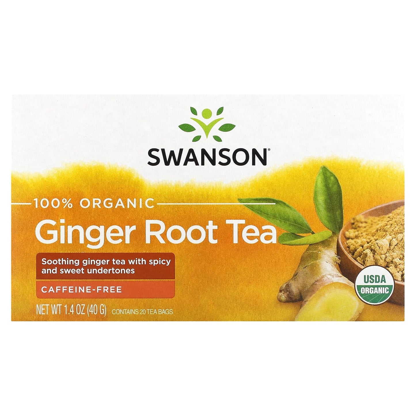 Swanson, 100% Organic Ginger Root Tea, Caffeine-Free, 20 Tea Bags, 1.4 oz (40 g) - Image 1