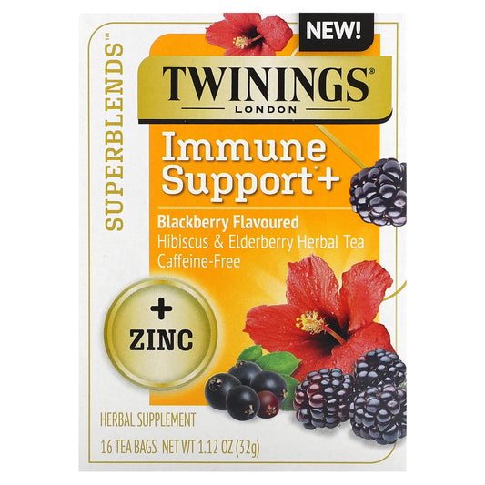 Twinings, Superblends™, Immune Support+ Hibiscus & Elderberry Herbal Tea, Blackberry, Caffeine-Free, 16 Tea Bags, 1.12 oz (32 g)