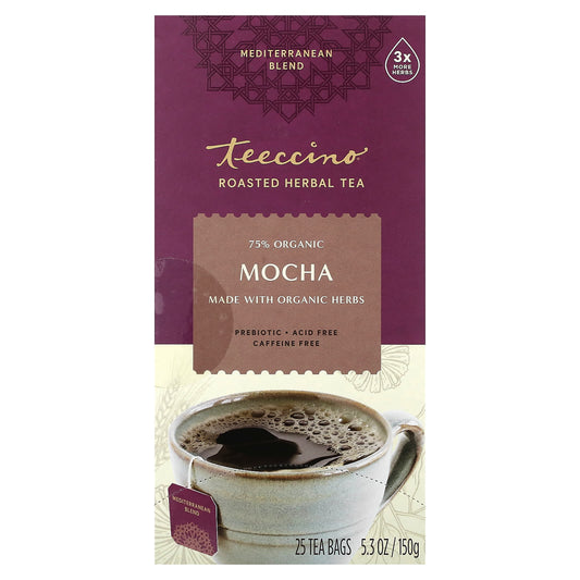 Teeccino, Roasted Herbal Tea, Mocha, Caffeine Free, 25 Tea Bags, 5.3 oz (150 g) - Image 1