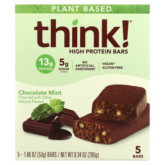 Think !, High Protein Bars, Chocolate Mint, 5 Bars, 1.86 oz (53 g) Each - Image 1