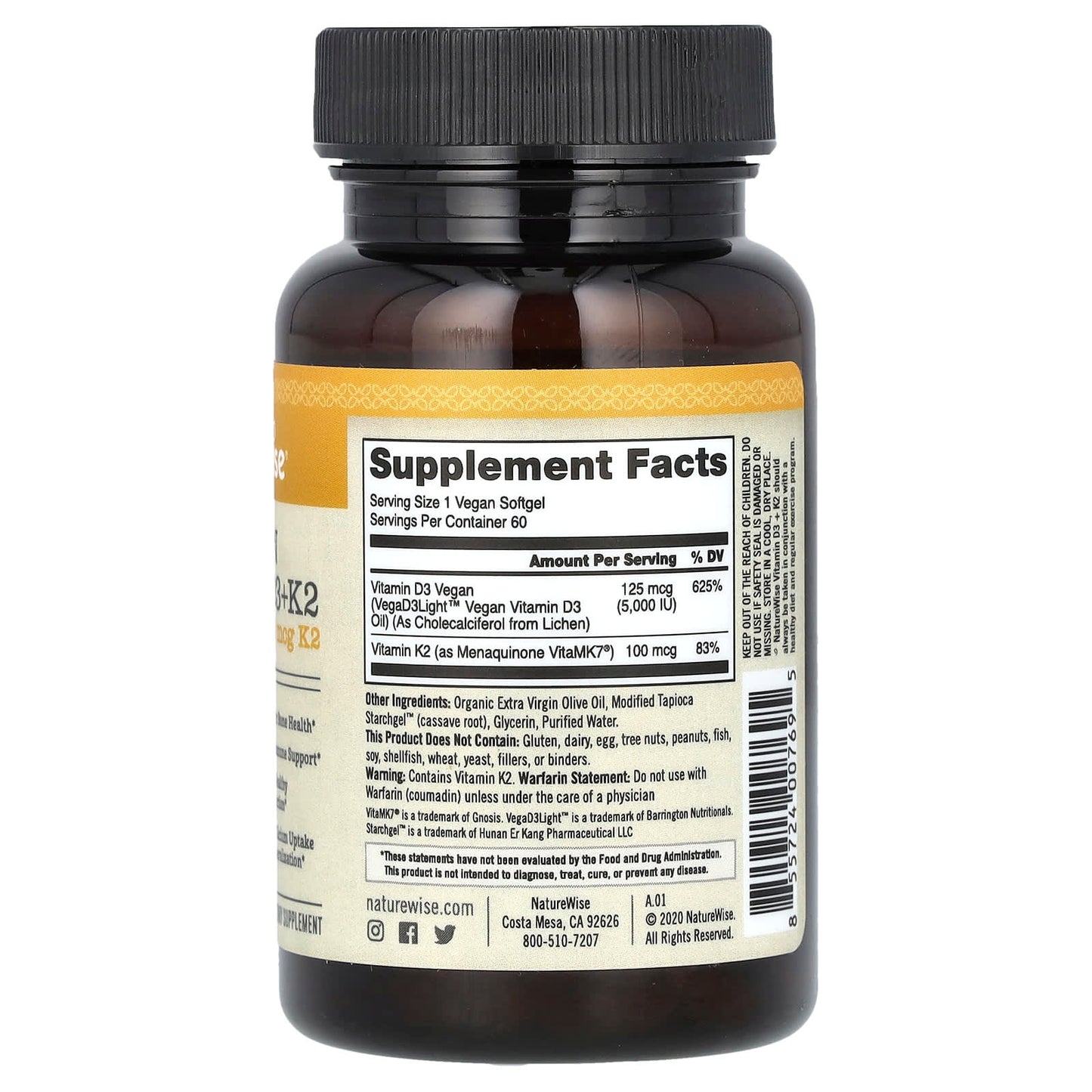NatureWise, Vegan Vitamin D3 + K2, 60 Vegan Softgels - Image 2