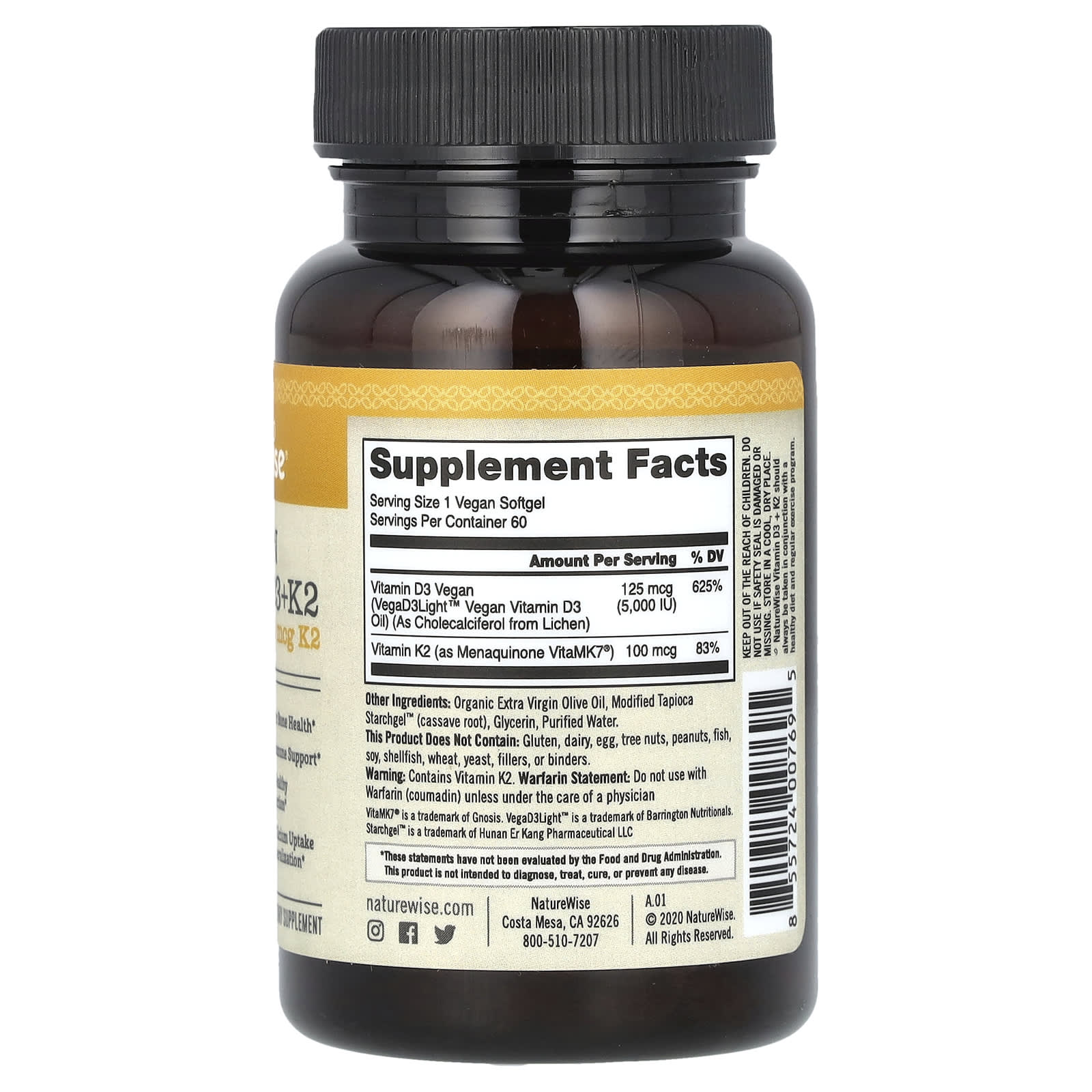 NatureWise, Vegan Vitamin D3 + K2, 60 Vegan Softgels - Image 2