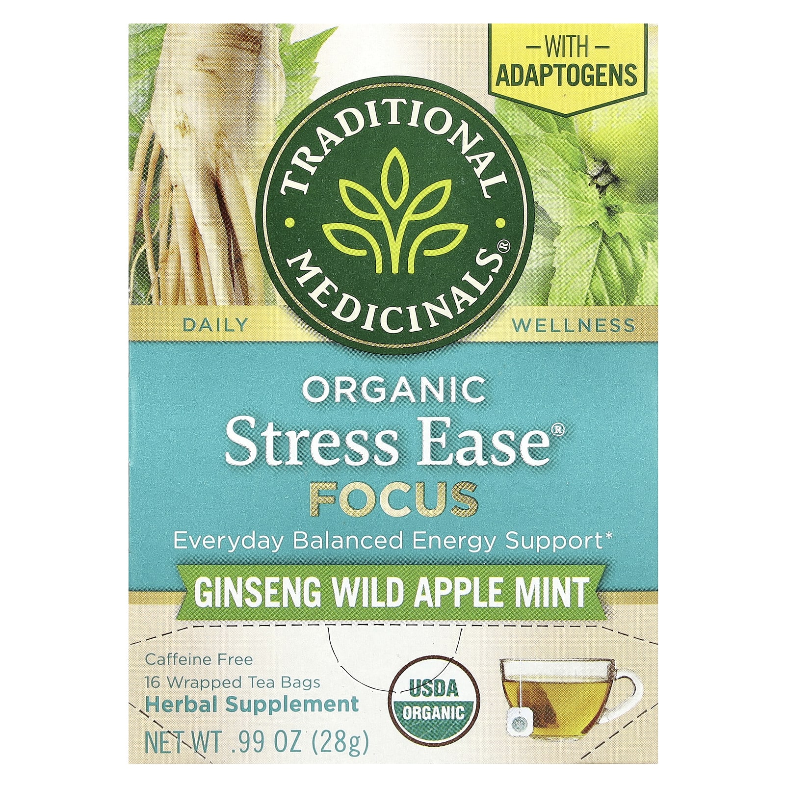 Traditional Medicinals, Organic Stress Ease® Focus, Ginseng Wild Apple Mint, Caffeine Free, 16 Wrapped Tea Bags, 0.99 oz (28 g) - Image 1