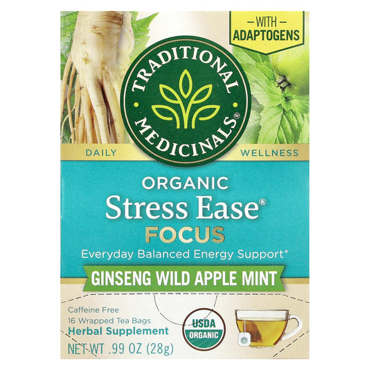 Traditional Medicinals, Organic Stress Ease® Focus, Ginseng Wild Apple Mint, Caffeine Free, 16 Wrapped Tea Bags, 0.99 oz (28 g) - Image 1
