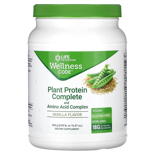 Life Extension, Wellness Code, Plant Protein Complete and Amino Acid Complex, Vanilla, 0.99 lb (450 g) - Image 1
