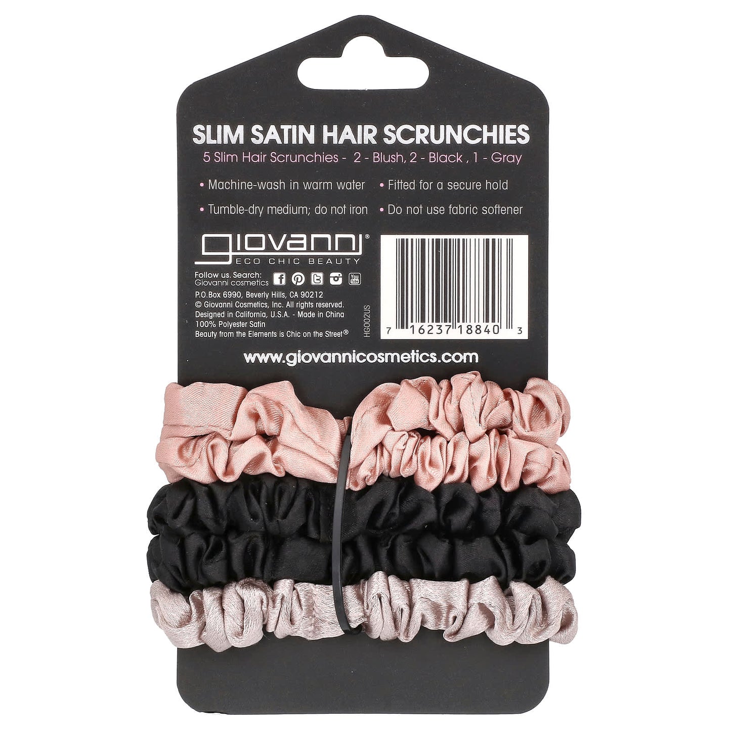 Giovanni Slim Satin Hair Scrunchies Set - Blush, Black, Gray - Image 2