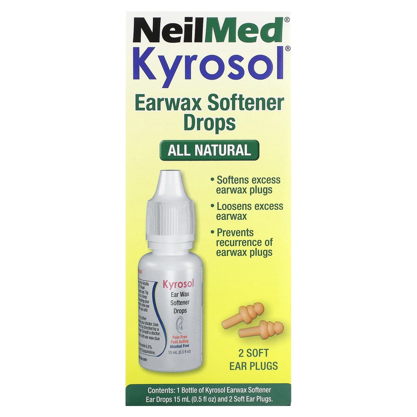 NeilMed, Kyrosol, Earwax Softener Drops, 0.5 fl oz (15 ml) and 2 Soft Ear Plugs - Image 1