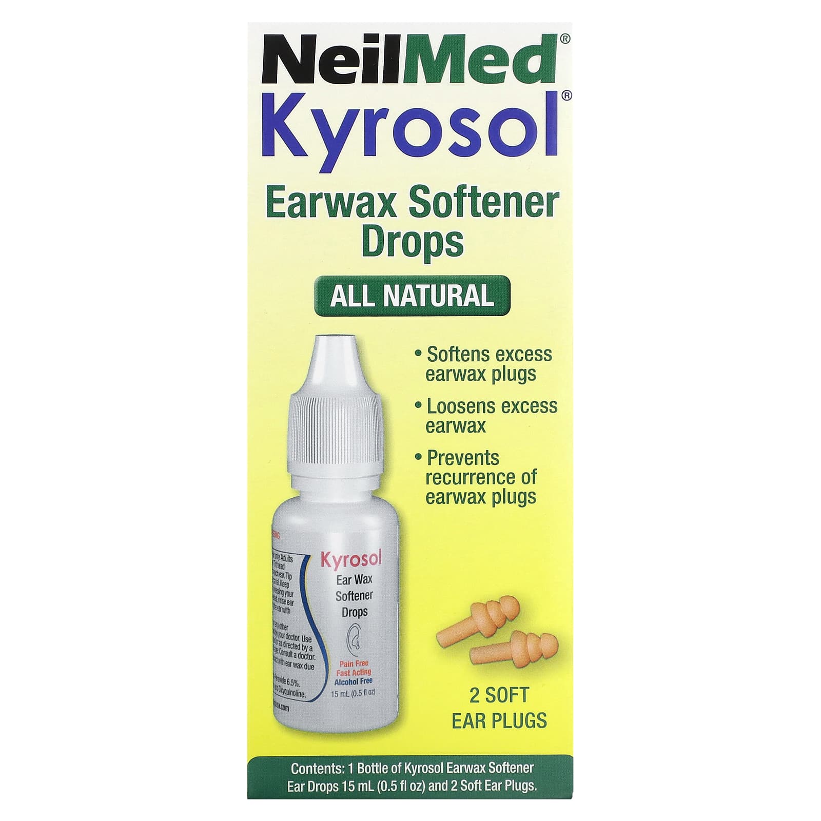 NeilMed, Kyrosol, Earwax Softener Drops, 0.5 fl oz (15 ml) and 2 Soft Ear Plugs - Image 1