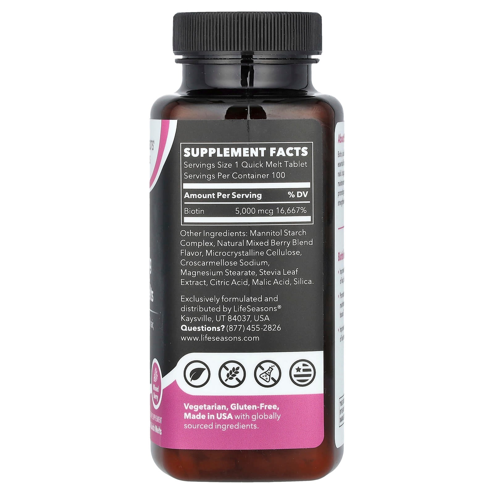 LifeSeasons, Biotin, Mixed Berry, 5,000 mcg, 100 Quick Melts - Image 2