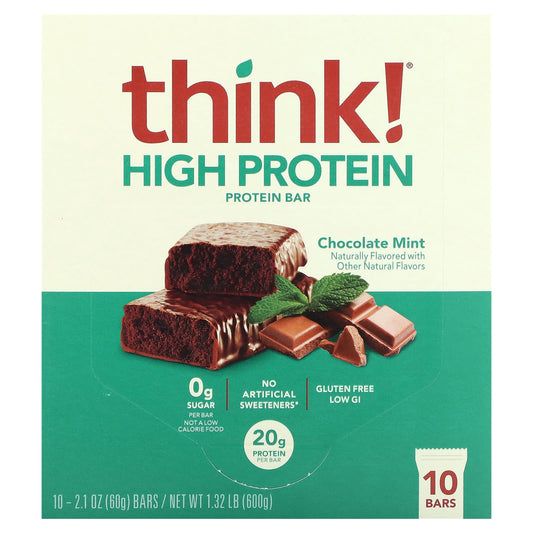 Think !, High Protein Bars, Chocolate Mint, 10 Bars, 2.1 oz (60 g) Each - Image 1