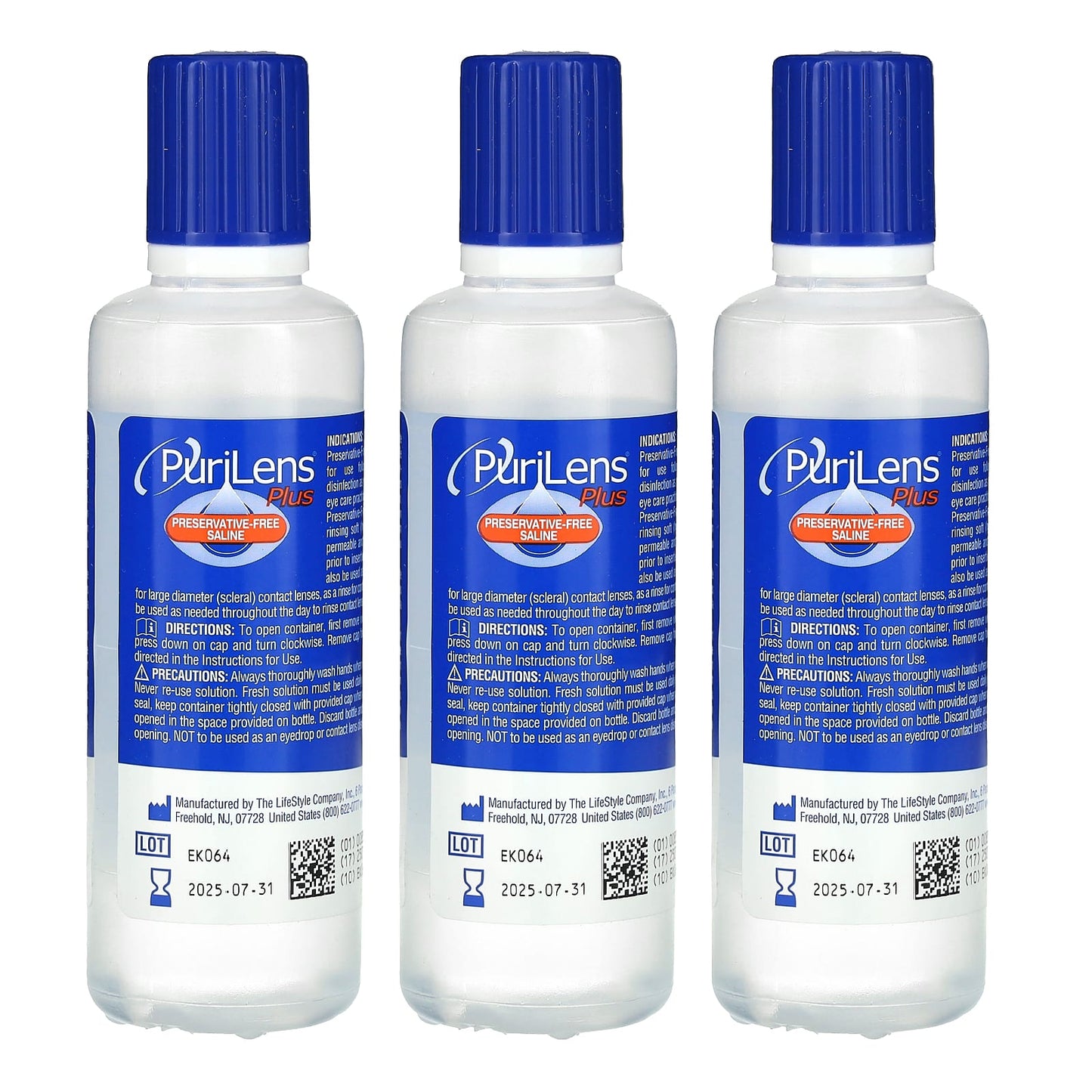 Purilens, Plus Preservative-Free Saline, 3 Bottles, 4 fl oz (120 ml) Each - Image 1