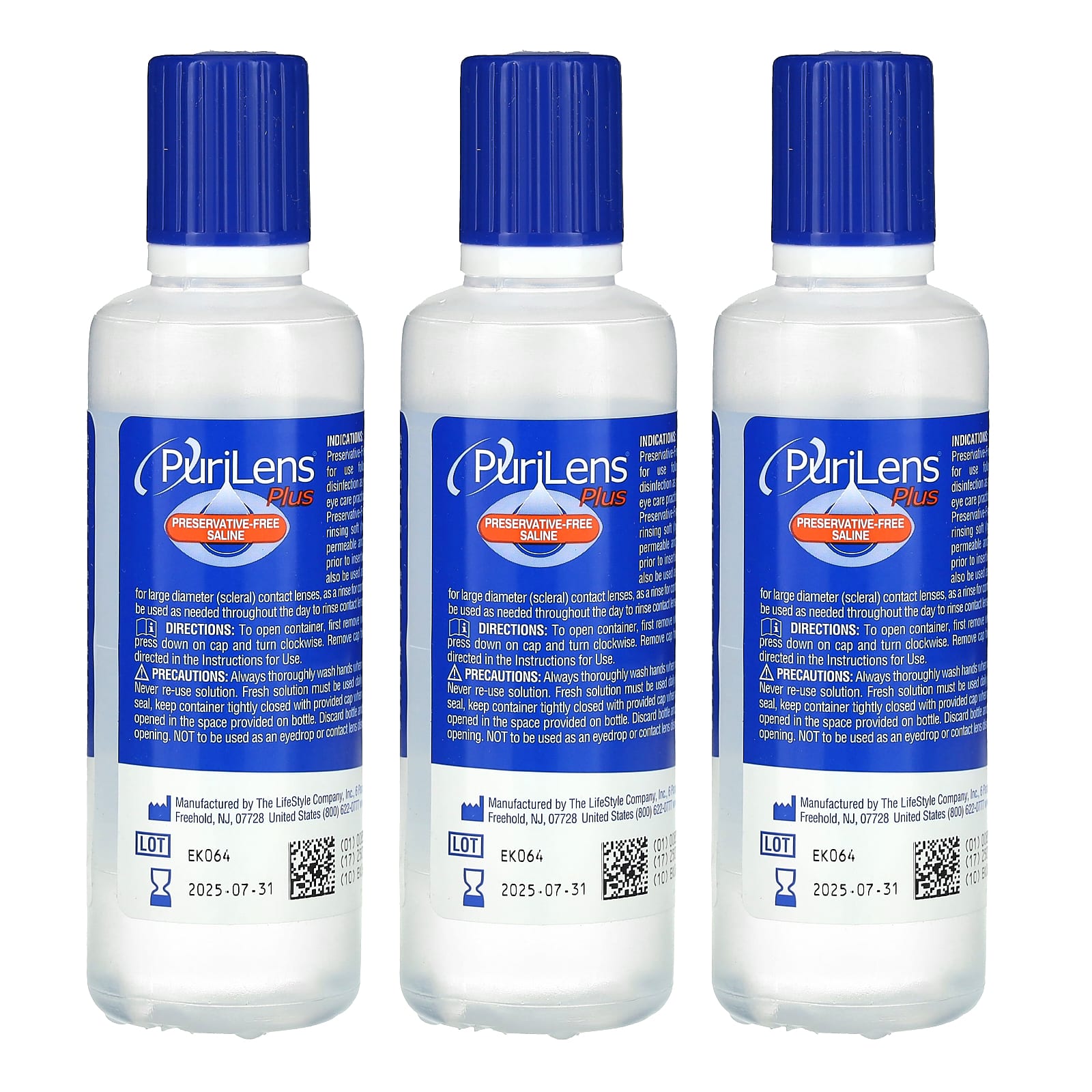 Purilens, Plus Preservative-Free Saline, 3 Bottles, 4 fl oz (120 ml) Each - Image 1