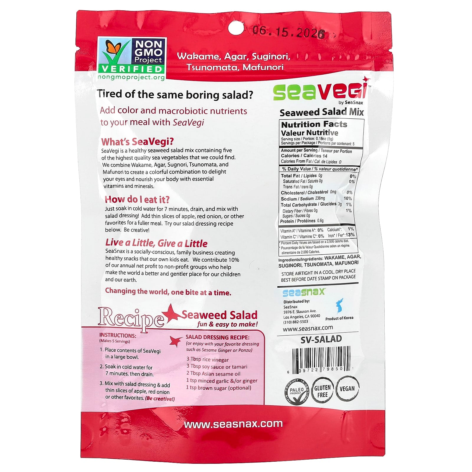 SeaSnax, SeaVegi™, Seaweed Salad Mix, 0.9 oz (25 g) - Image 2